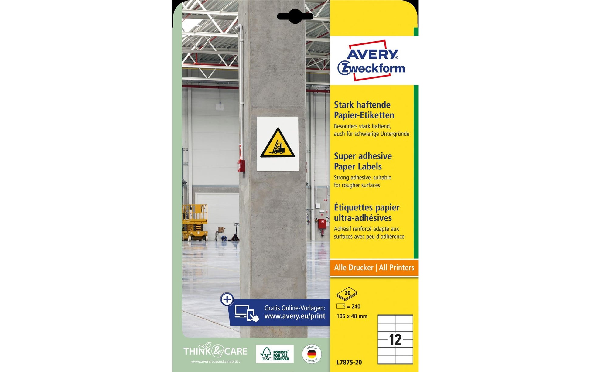 Avery L7875-20 – Etiketten A4 105 × 48 mm – Papier – permanent haftend – Laser/Inkjet – 12 pro Blatt, 20 Blätter