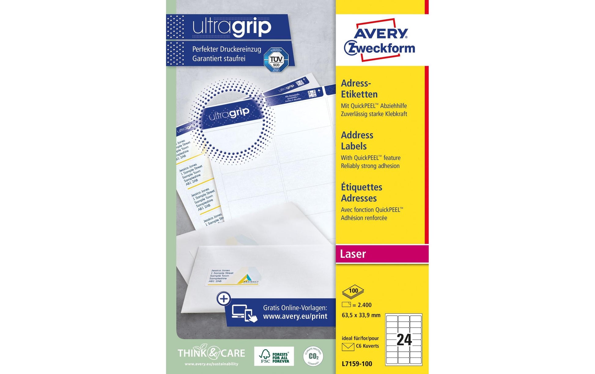Avery Zweckform – Adressetiketten, 64 mm × 34 mm, weiss, Papier, permanent, 100 Blätter (2'400 Etiketten)