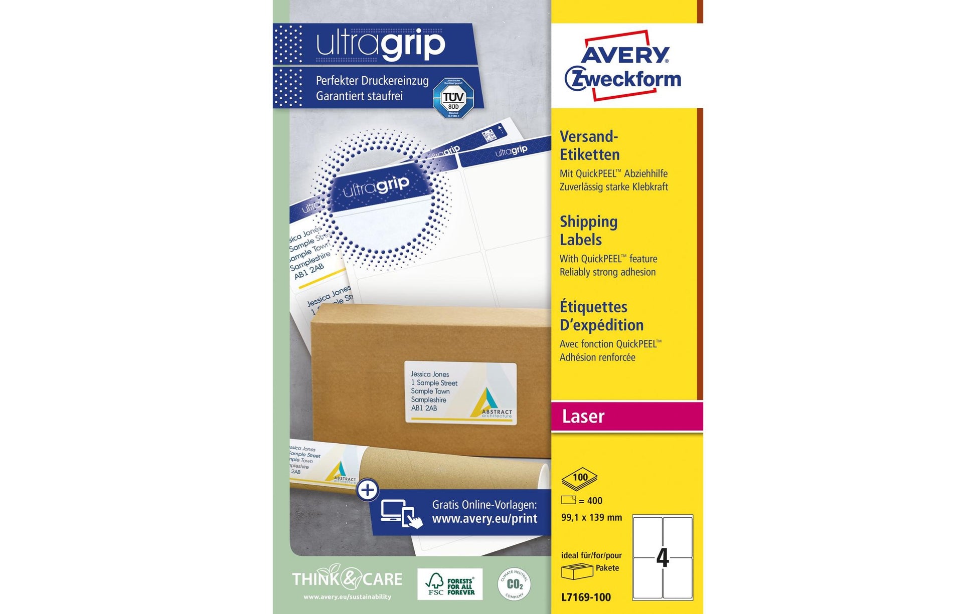 Avery L7169-100 – Etiketten A4 139 × 99 mm – Papier, weiss – Laser/Inkjet – 4 pro Blatt, 100 Blätter (400 Stk.)