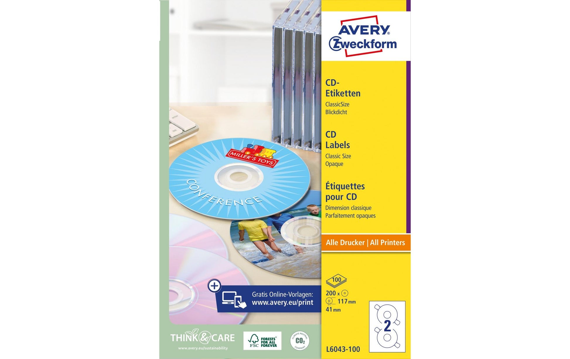 Avery Zweckform – CD-Etiketten, Ø 117 mm, weiss, Papier, selbstklebend, 200 Etiketten (100 Blatt)