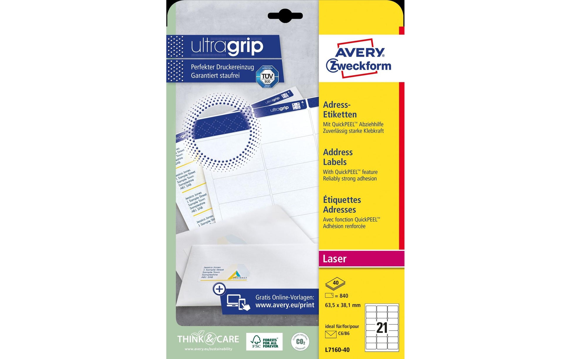 Avery Adress-Etiketten, 38 mm × 64 mm, weiss, Papier, selbstklebend, 40 Blatt (840 Etiketten)