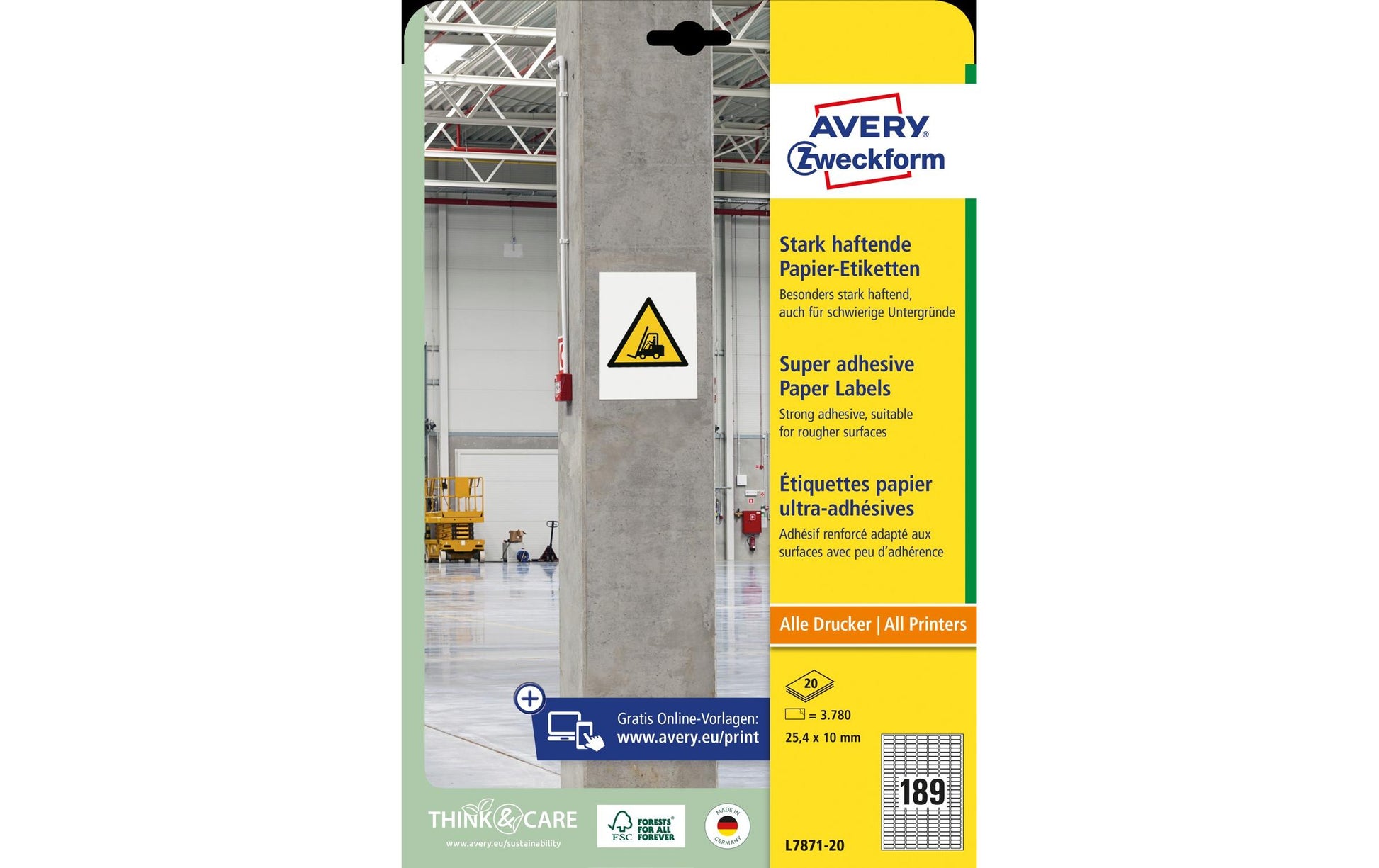 Avery L7871-20 – Etiketten A4 25,4 × 10 mm – Papier, weiss – permanent haftend – Laser/Inkjet – 20 Blätter