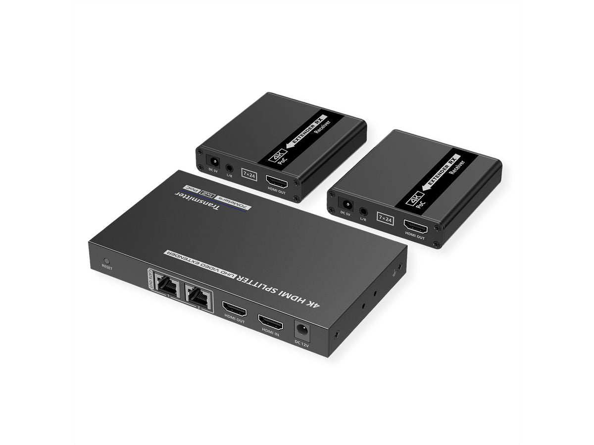 VALUE HDMI-Splitter-Set, 1× HDMI In, 3× HDMI Out, HDMI 1.4, 4K@30 Hz, bis 40 m über TP, IR, 3,5 mm Audio