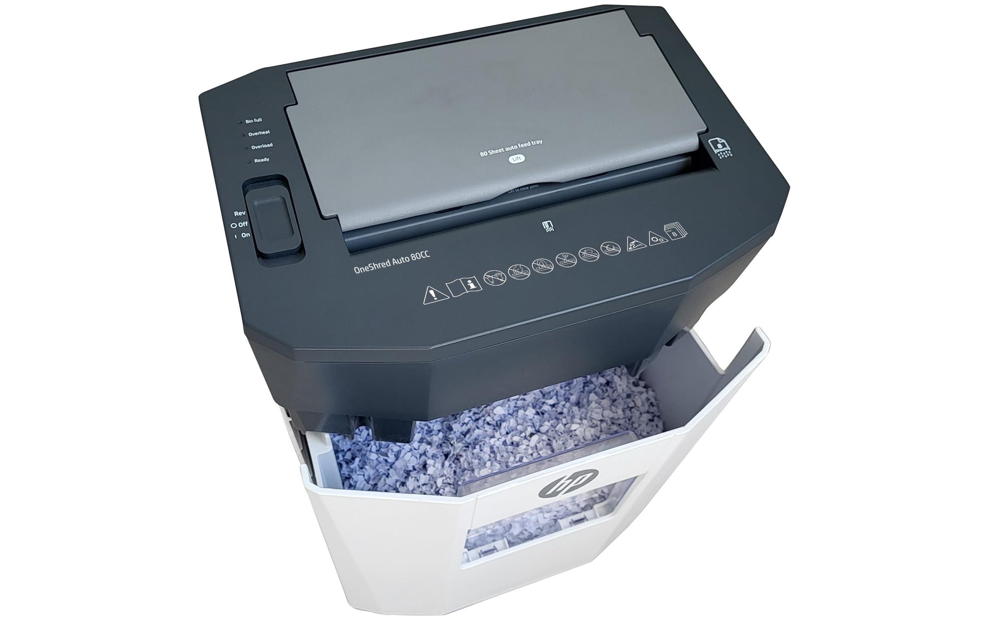 HP One Shredder Auto 80CC – Aktenvernichter, DIN P-4, Partikelschnitt 4,3 × 12 mm, 80 Blatt, 15 l