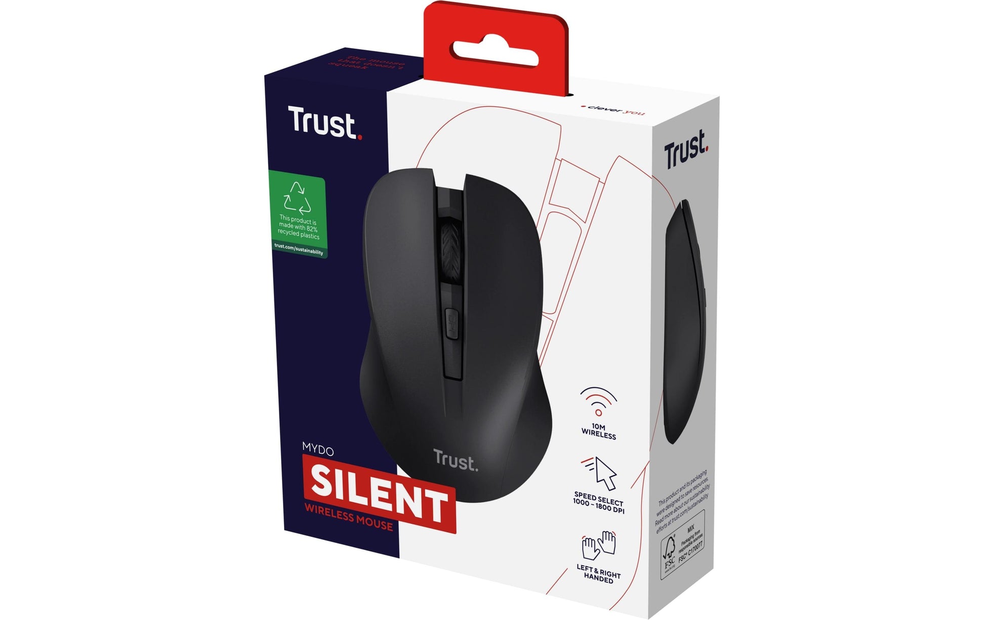 Trust Mydo Silent – Maus – Kabellos (2,4 GHz), 1800 DPI, beidhändig, Schwarz