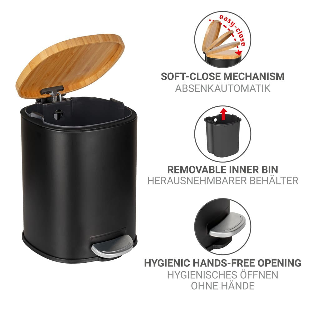 WENKO Tisch-Abfallbehälter Fianema – 3 l – mit Deckel – Stahl, schwarz – B × H × T 170 × 235 × 210 mm