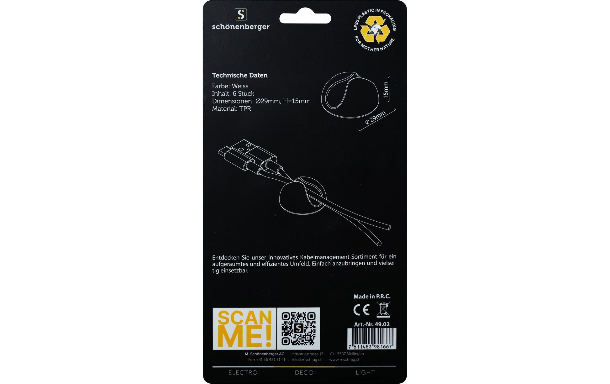 M. Schönenberger Kabelhalter, Kunststoff, 29×29×15 mm, 6er-Pack – weiss
