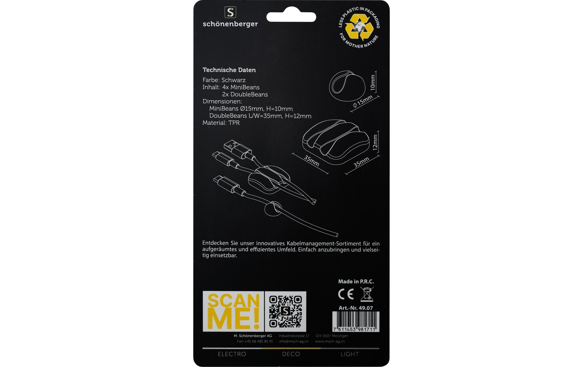 M. Schönenberger Kabelhalter, Universal, 2×Ø 35 mm + 4×Ø 15 mm, 6er-Pack – Schwarz