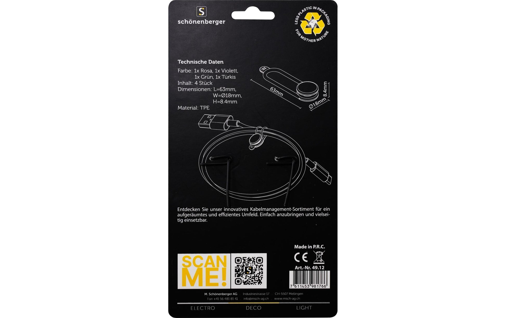 M. Schönenberger Schönenberger CableTie S – Kabelhalter, mehrfarbig, 4 Stück