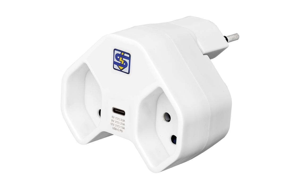 Steffen Reiseadapter T12 zu 2×T13 + USB-C – 250 V, 10 A, 2500 W, Kinderschutz, drehbar, Weiss