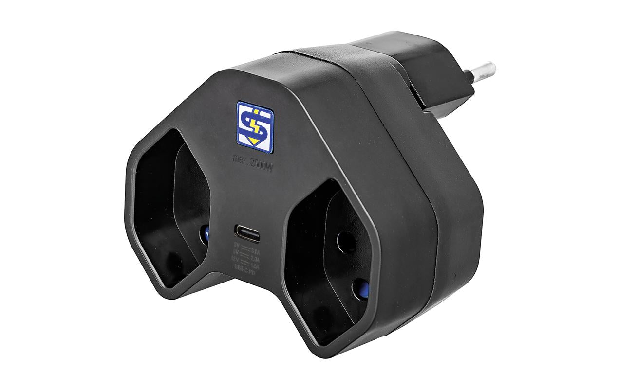 Steffen Manta Steckdosenleiste, 2×T13, 1×USB-C, Kindersicherung, drehbar 320°, Eingang T12 – schwarz