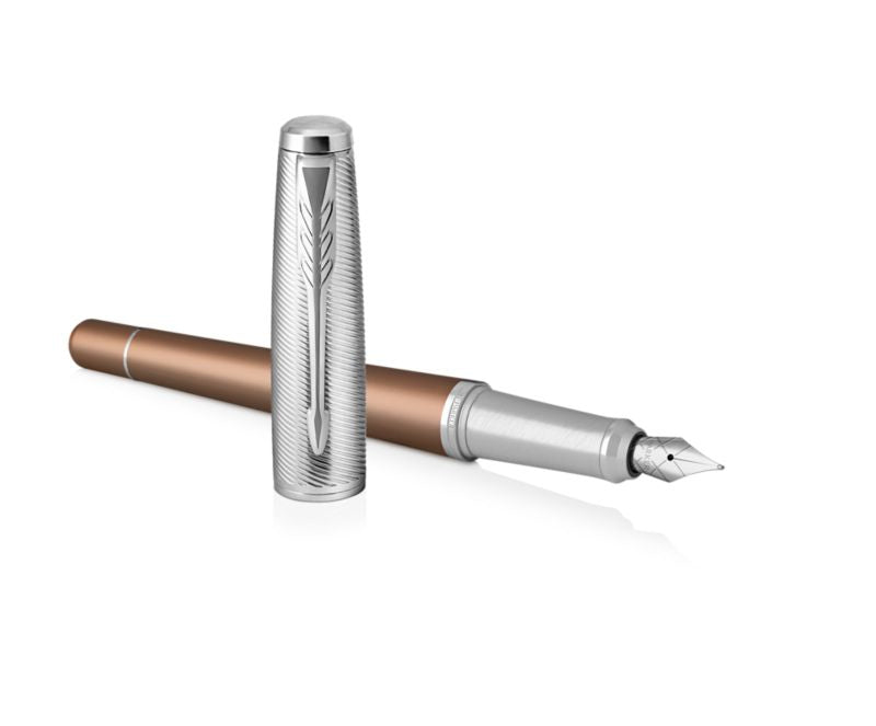 Parker Urban Premium sandgestrahltes eloxiertes Aluminium, verchromt – Federstärke F – orangebraun, blau