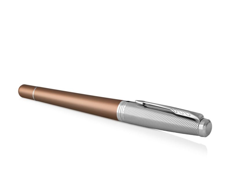 Parker Urban Premium sandgestrahltes eloxiertes Aluminium, verchromt – Federstärke F – orangebraun, blau