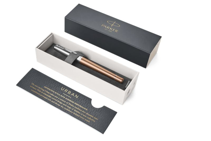 Parker Urban Premium sandgestrahltes eloxiertes Aluminium, verchromt – Federstärke F – orangebraun, blau