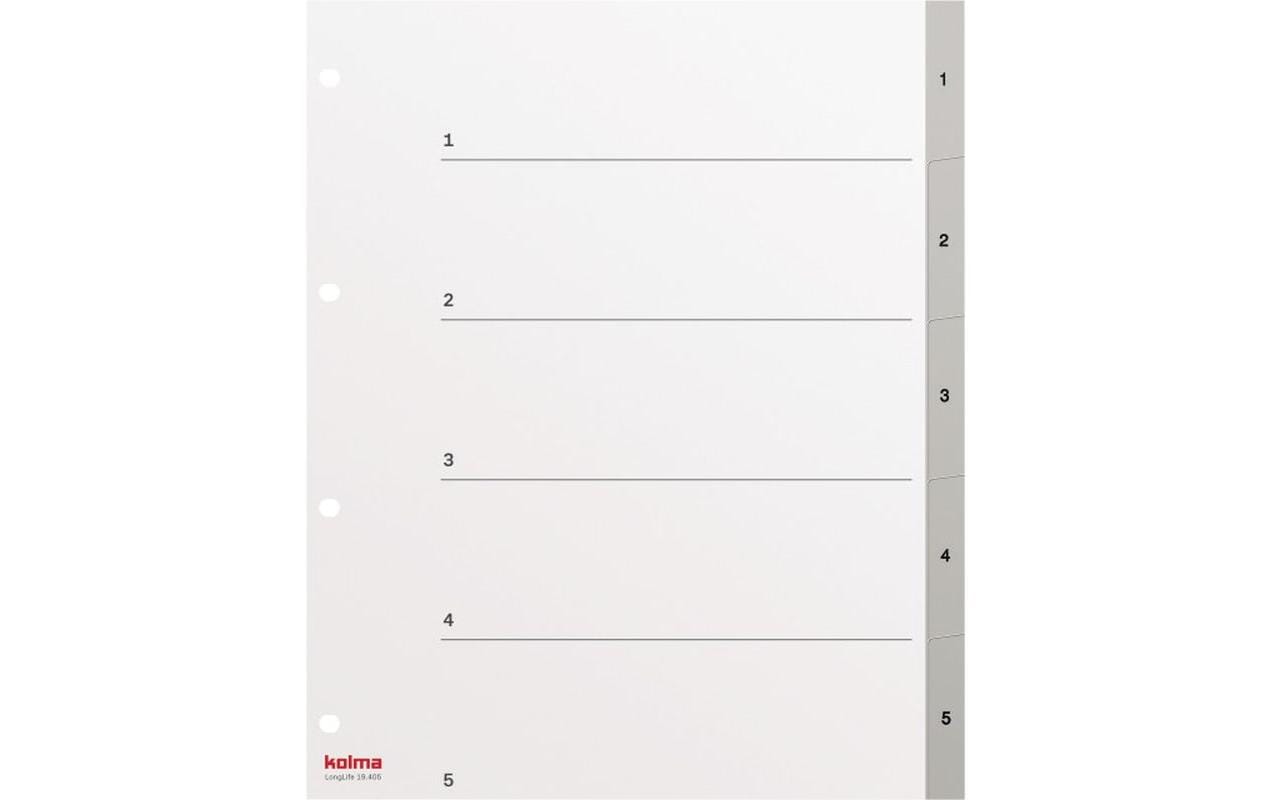 Kolma LongLife XL Register – Vollformat, 5-teilig, PVC, Grau, vorgedruckt, Indexblatt, 4-fach Lochung