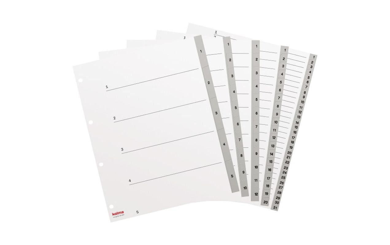 Kolma LongLife XL Register – Vollformat, 5-teilig, PVC, Grau, vorgedruckt, Indexblatt, 4-fach Lochung