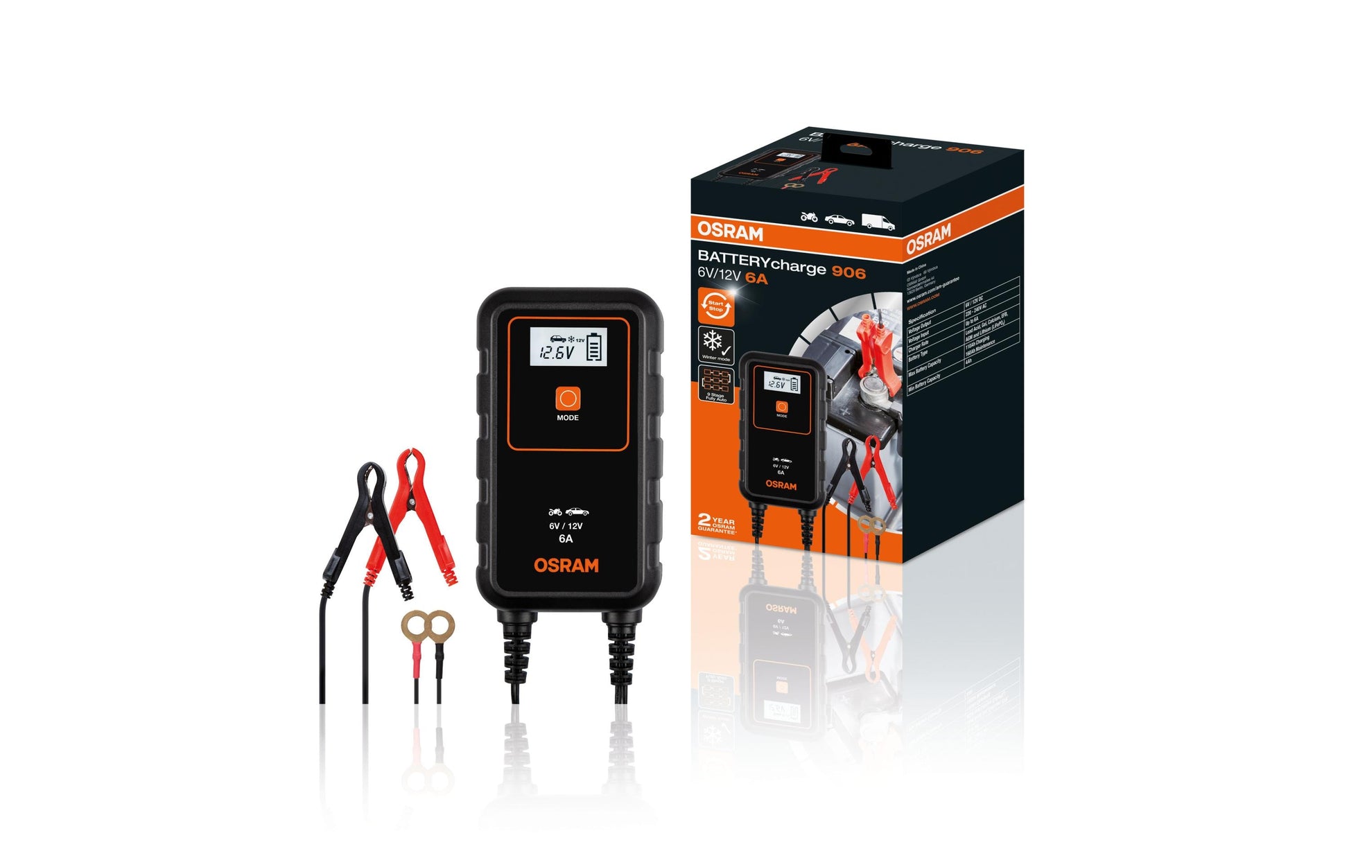 Osram BATTERYcharge 906 Ladegerät – 110 Ah, 12 V, 6 A, 9-stufig, Erhaltungsladung, Anzeige, für Autos, Blei-Säure