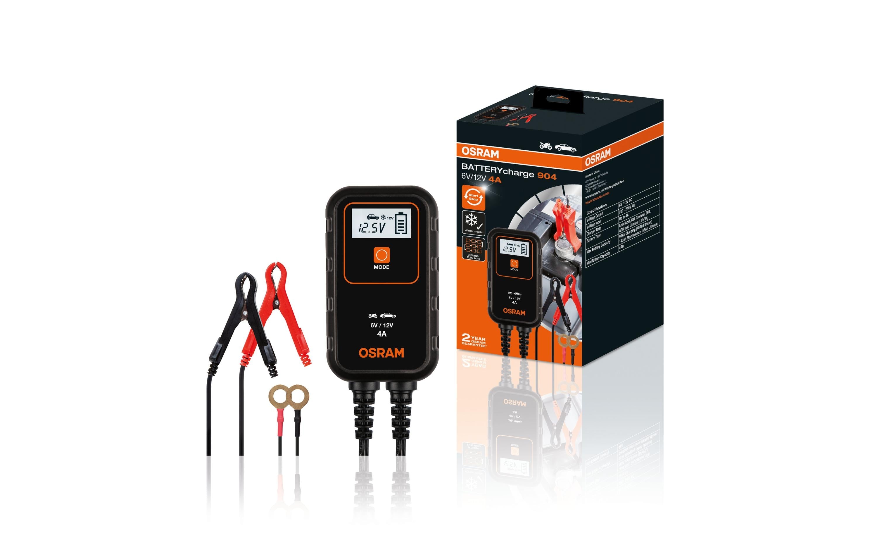 Osram BATTERYcharge 904 Ladegerät – 4 A, für 12 V/90 Ah AGM-Akkus, Motorrad, Erhaltungsladung