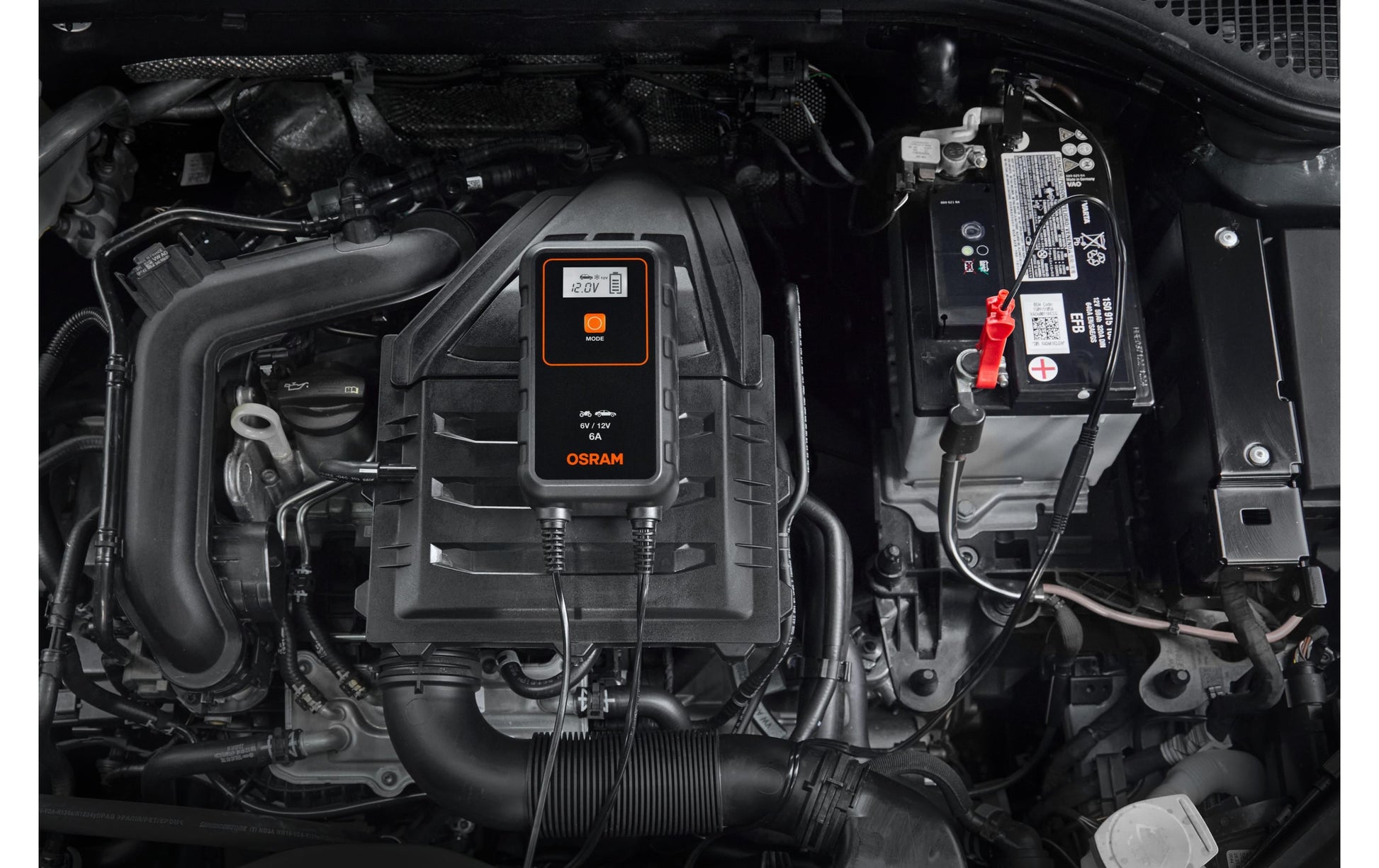Osram BATTERYcharge 906 Ladegerät – 110 Ah, 12 V, 6 A, 9-stufig, Erhaltungsladung, Anzeige, für Autos, Blei-Säure