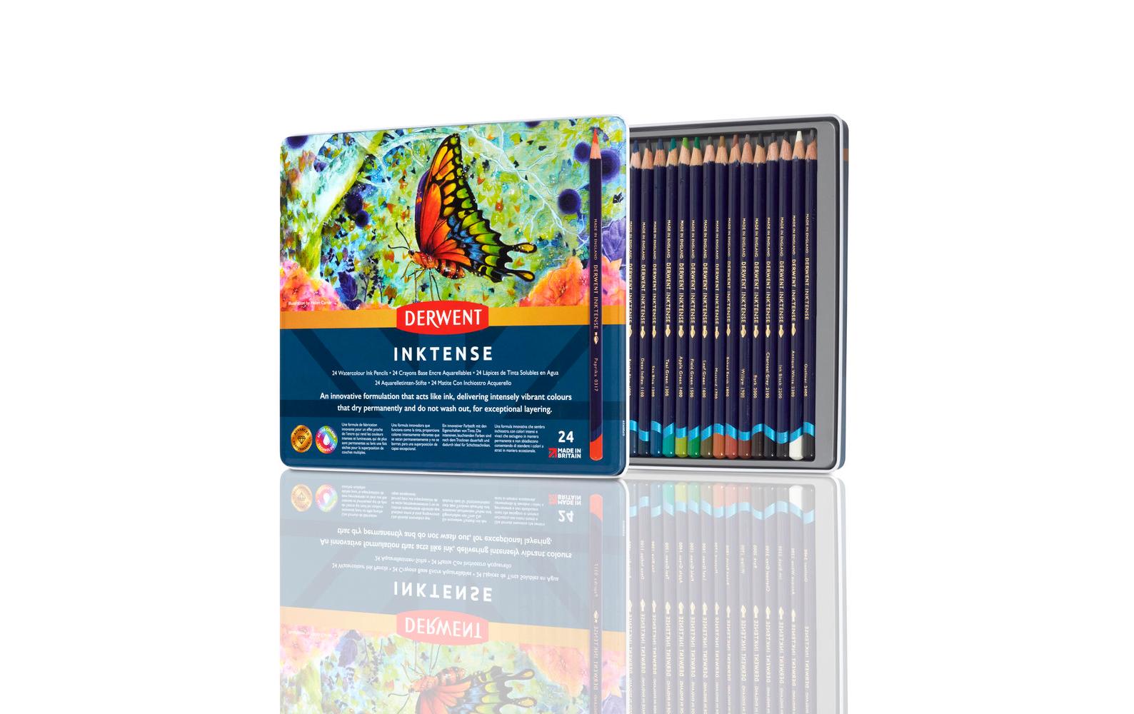 Derwent Aquarellbuntstift Inktense Mehrfarbig 24er-Metalletui – deckend, Ø 8 mm, Strichbreite 4 mm