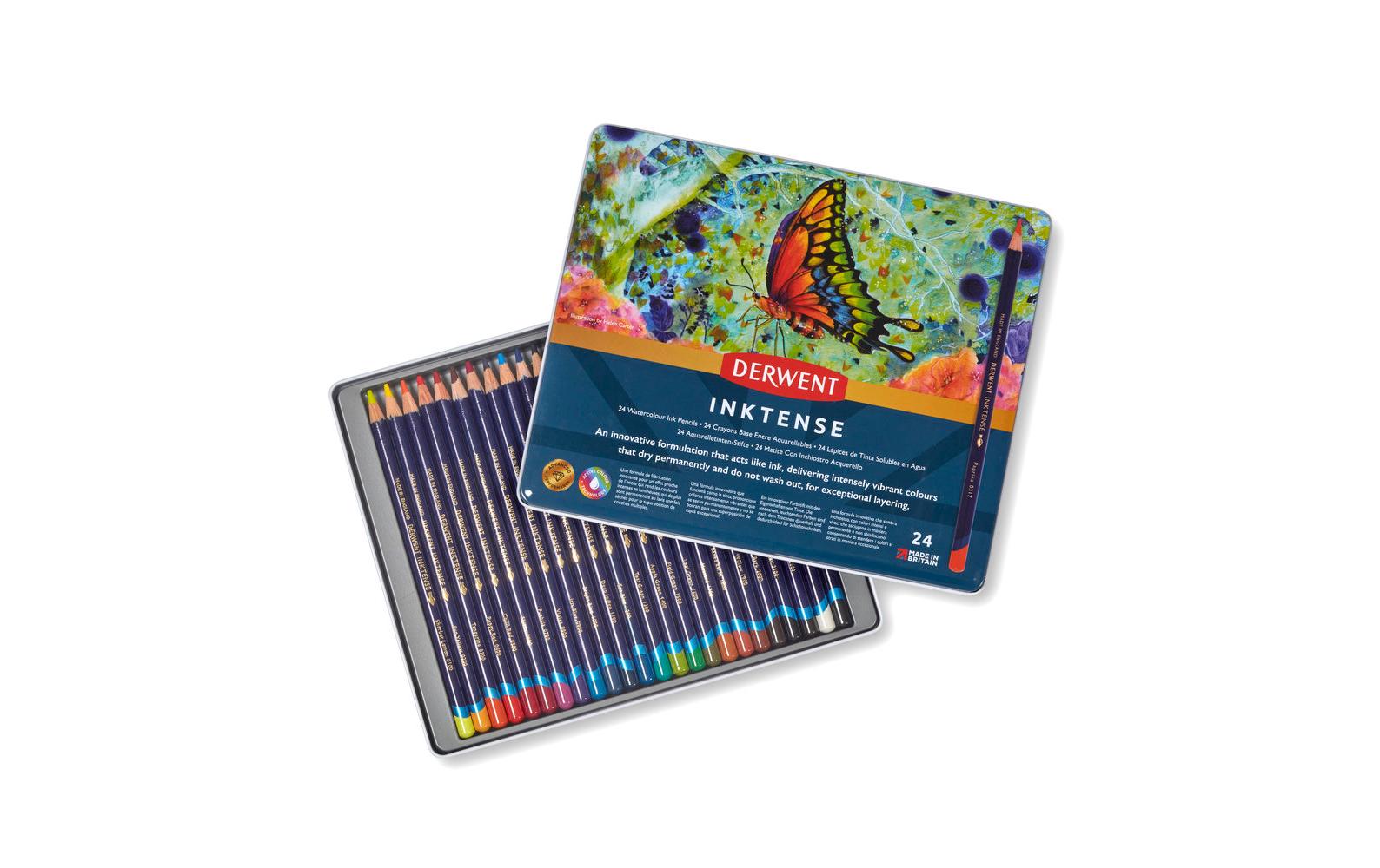 Derwent Aquarellbuntstift Inktense Mehrfarbig 24er-Metalletui – deckend, Ø 8 mm, Strichbreite 4 mm