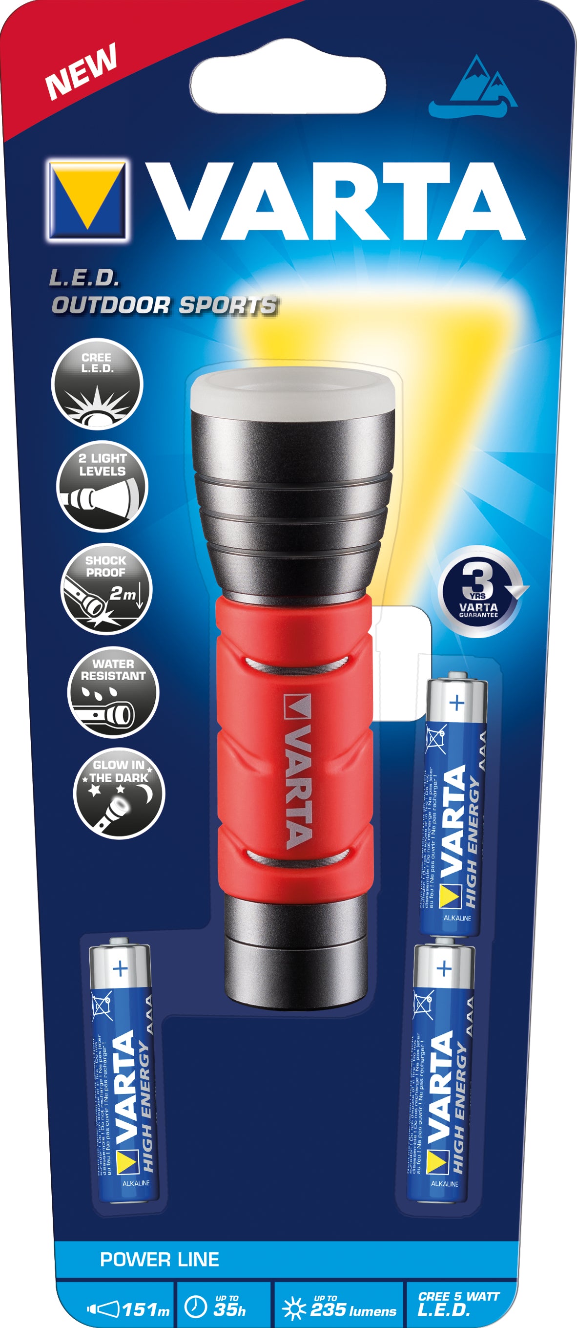Varta Taschenlampe 17627101421 – 235 lm, 160 m, IPX4, Batteriebetrieb 3× AAA, 2 Stufen – Schwarz