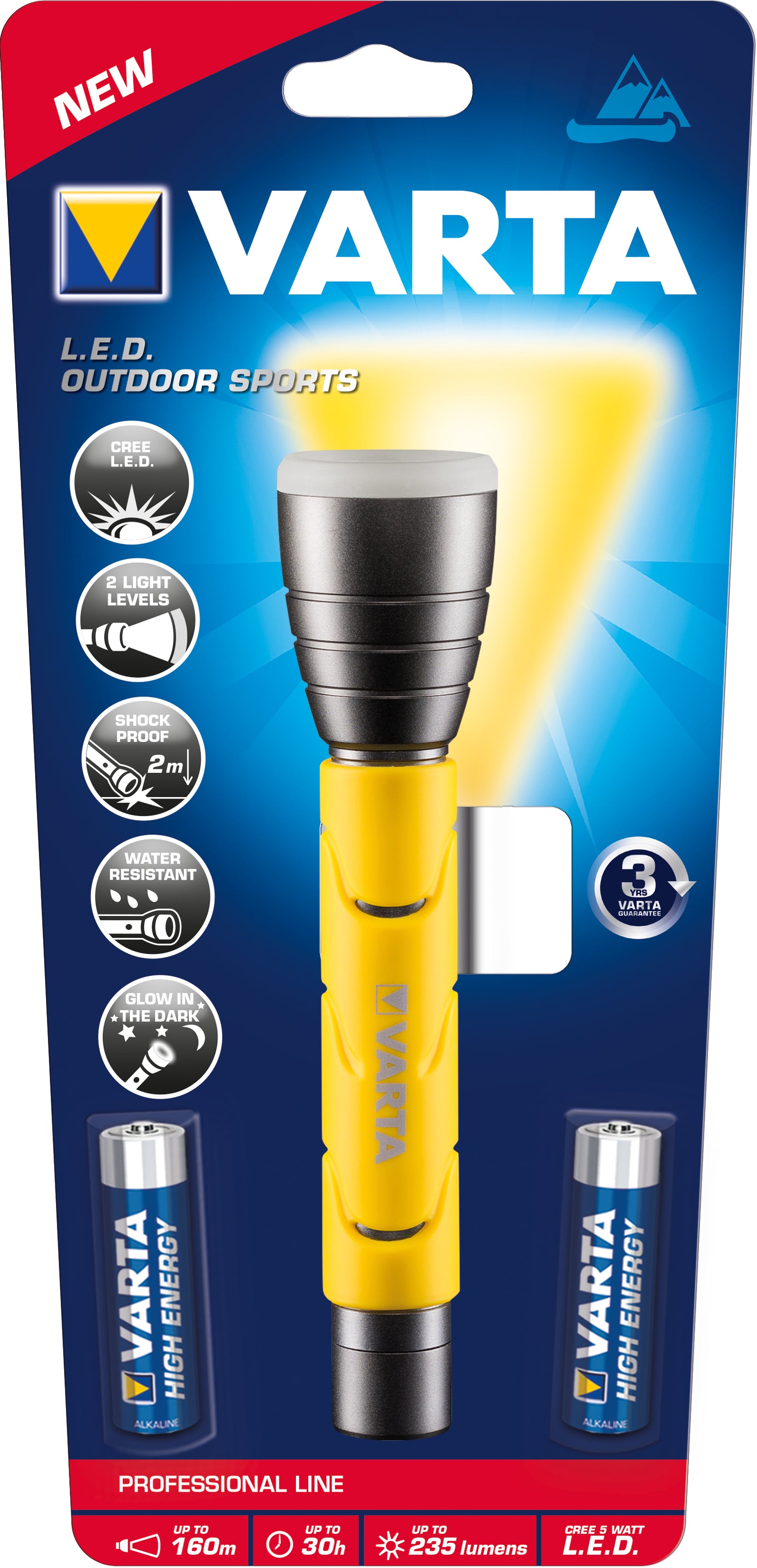 VARTA Taschenlampe 18628101421 – 290 lm, 160 m, IPX4, Batteriebetrieb 2× AA – Schwarz/Gelb