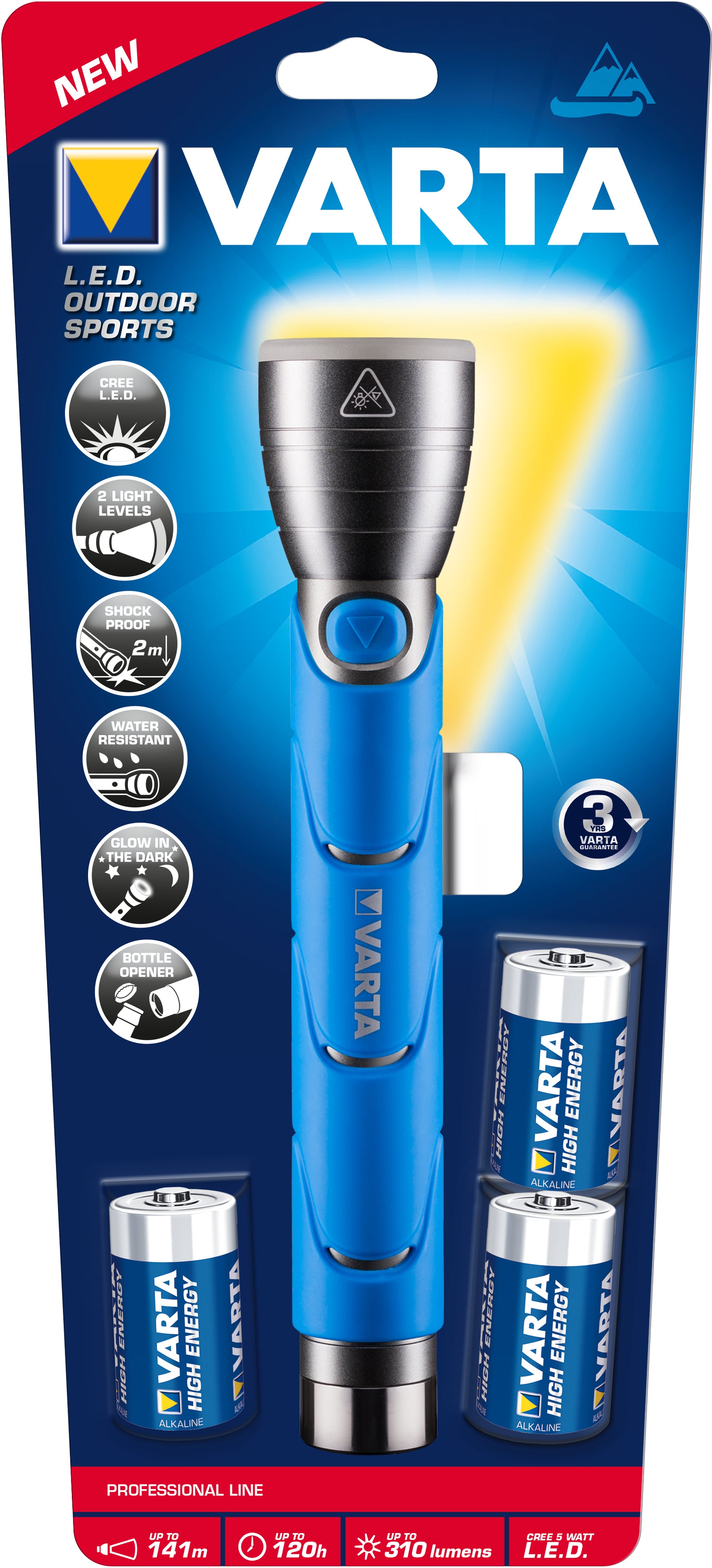 Varta Taschenlampe 18629101421 – 350 lm, 141 m, IPX4, Batteriebetrieb (3× LR14), 2 Stufen – Schwarz