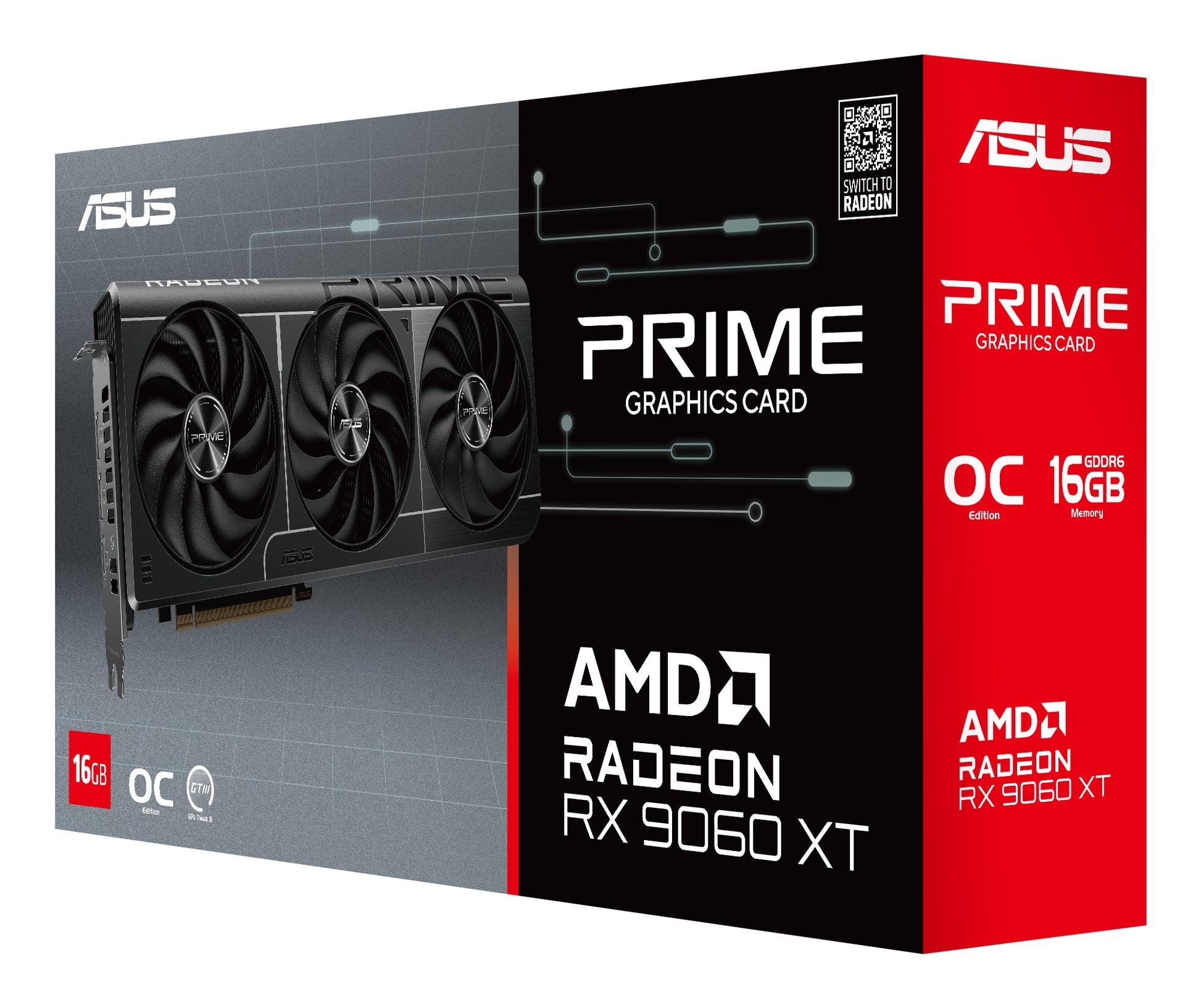 ASUS PRIME-RX9060XT-O16G – Grafikkarte – Radeon RX 9060 XT, 16 GB GDDR6, PCIe 5.0, 2×DP/1×HDMI, 304 mm
