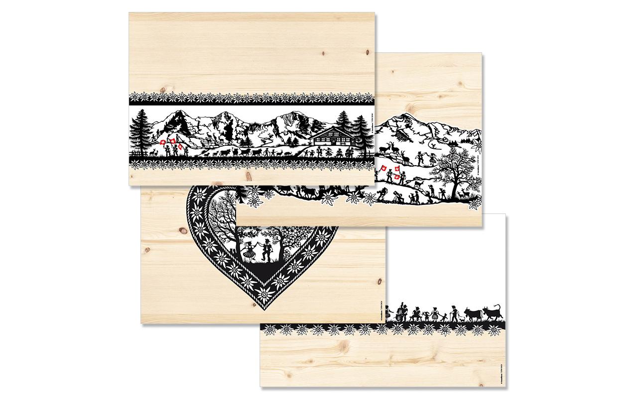 Trendform Papiertischset Swiss Tradition, rechteckig – 29,7 × 42 cm, Scherenschnitt Landleben – FSC – 48 Stk.