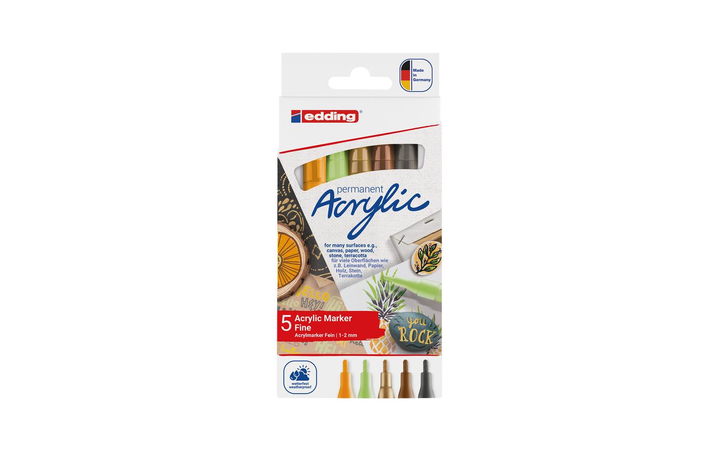Edding Acrylmarker – sortiert (pastellgrün, sonnengelb, haselnuss, reichgold, anthrazit), 5er Set