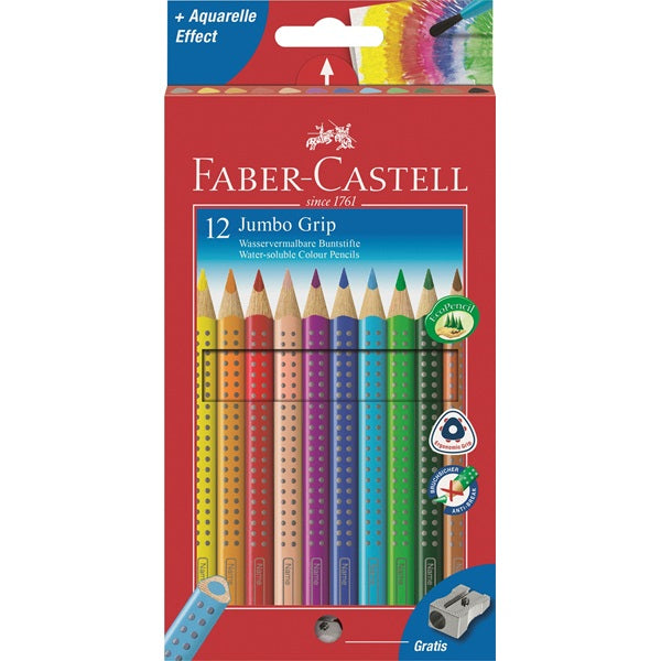 Faber-Castell Aquarellfarbstifte Jumbo Grip – 12 Farben, im Kartonetui, Ø 5,3 mm, dreikantig, FSC