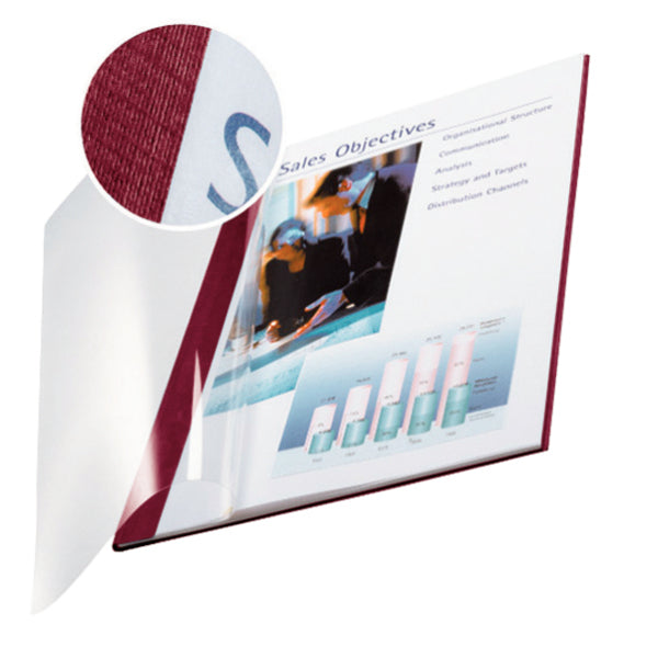 Leitz impressBind Thermobindemappe – A4 – Rücken 18 mm – bis 140 Blatt, Leinenstruktur, Bordeaux – 10 Stk.