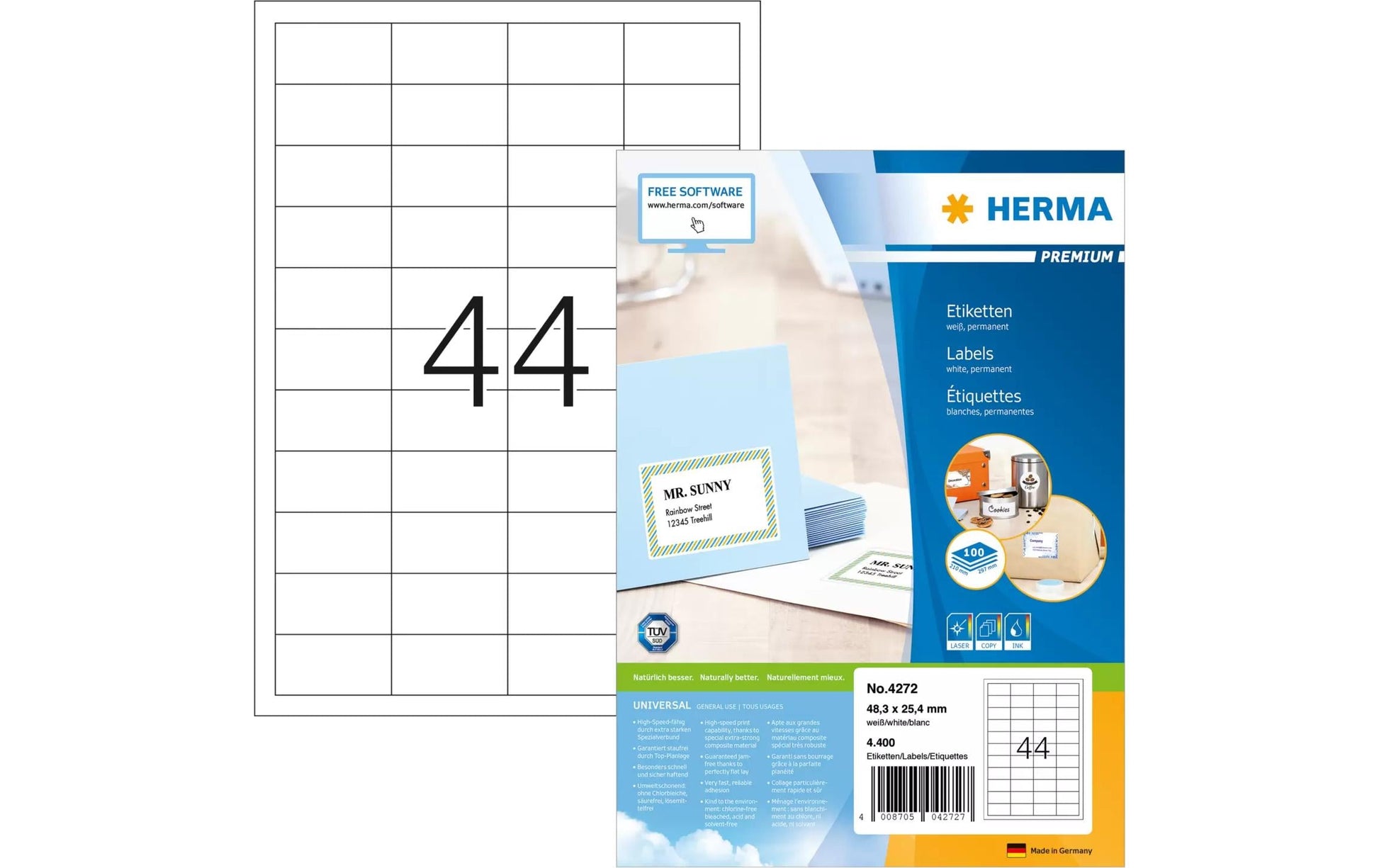 HERMA Etiketten A4 48,3 × 25,4 mm – Papier, weiss – permanent haftend – Laser/Inkjet – 4'400 Stk.