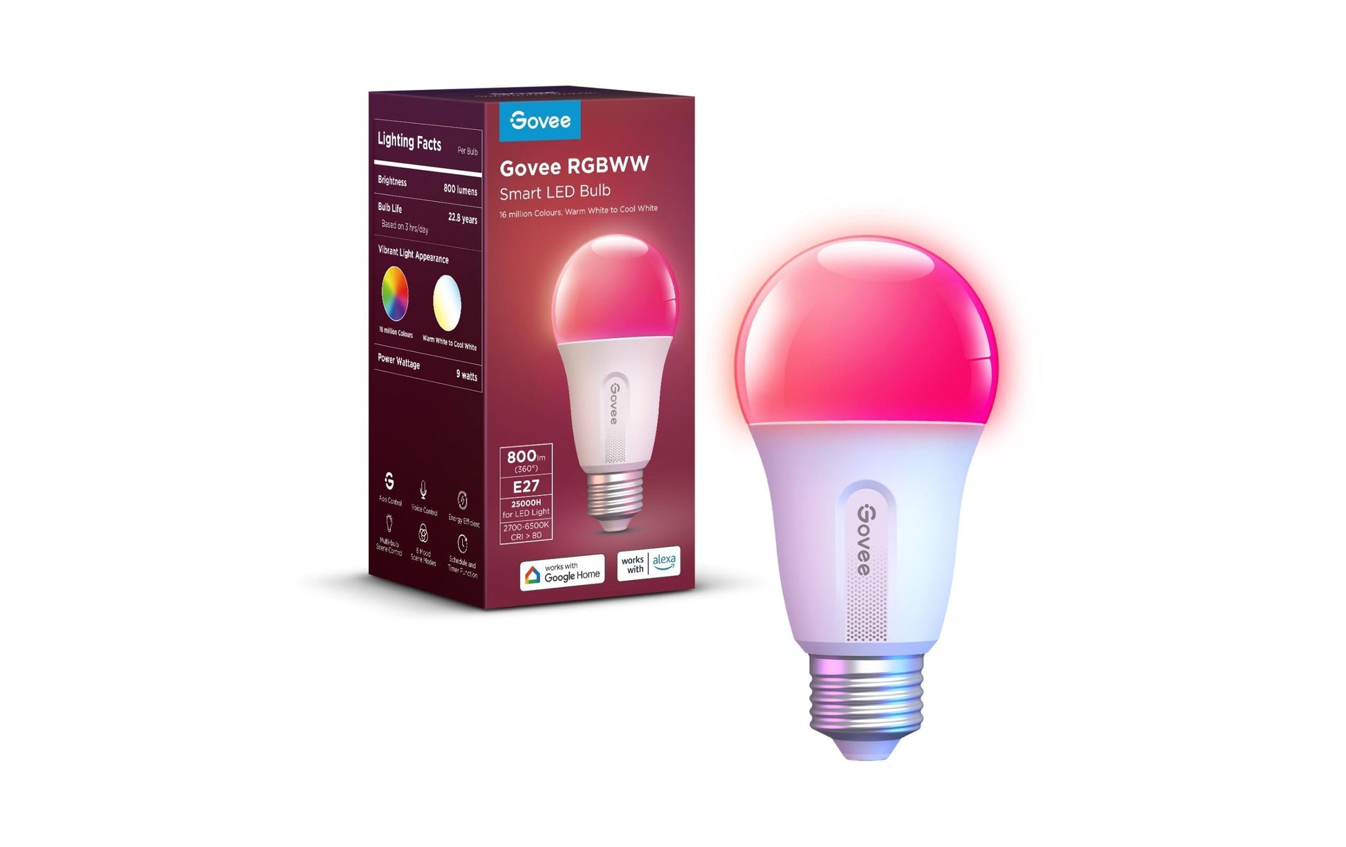 Govee Smart-Leuchtmittel E27 – 800 lm, 2700–6500 K/mehrfarbig, WLAN/App – Weiss