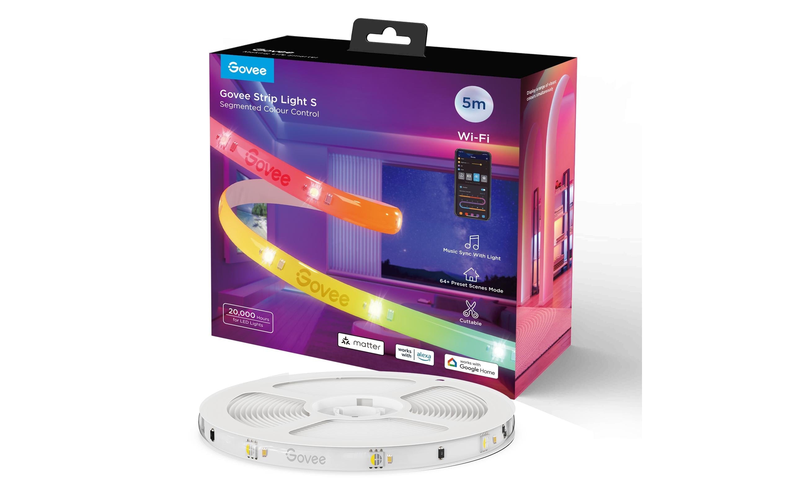 Govee LED-Strip – 5 m, 130 lm, 24 W, RGBIC, BT, Govee App, weiss, Fernbedienung