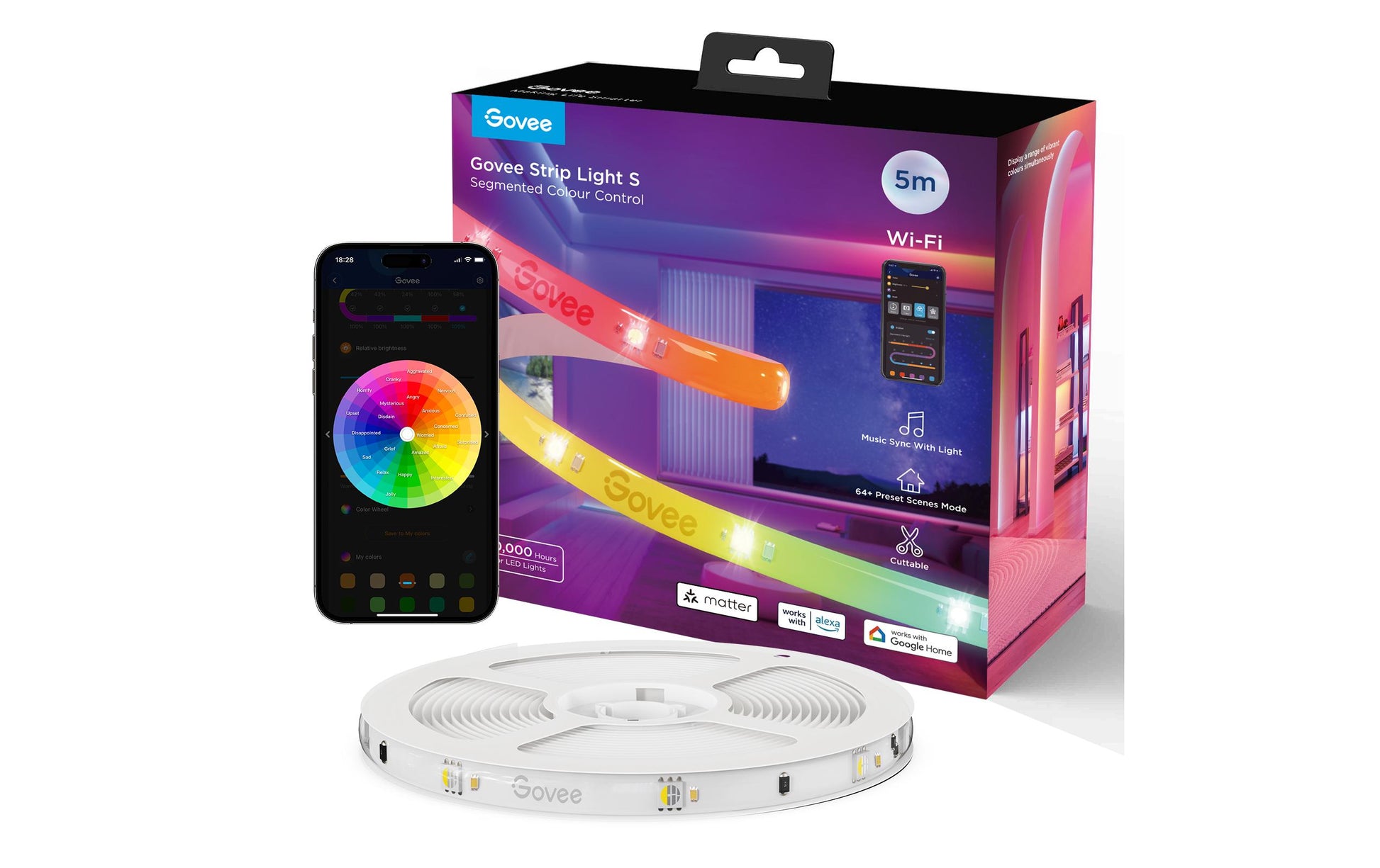Govee LED-Strip – 5 m, 130 lm, 24 W, RGBIC, BT, Govee App, weiss, Fernbedienung