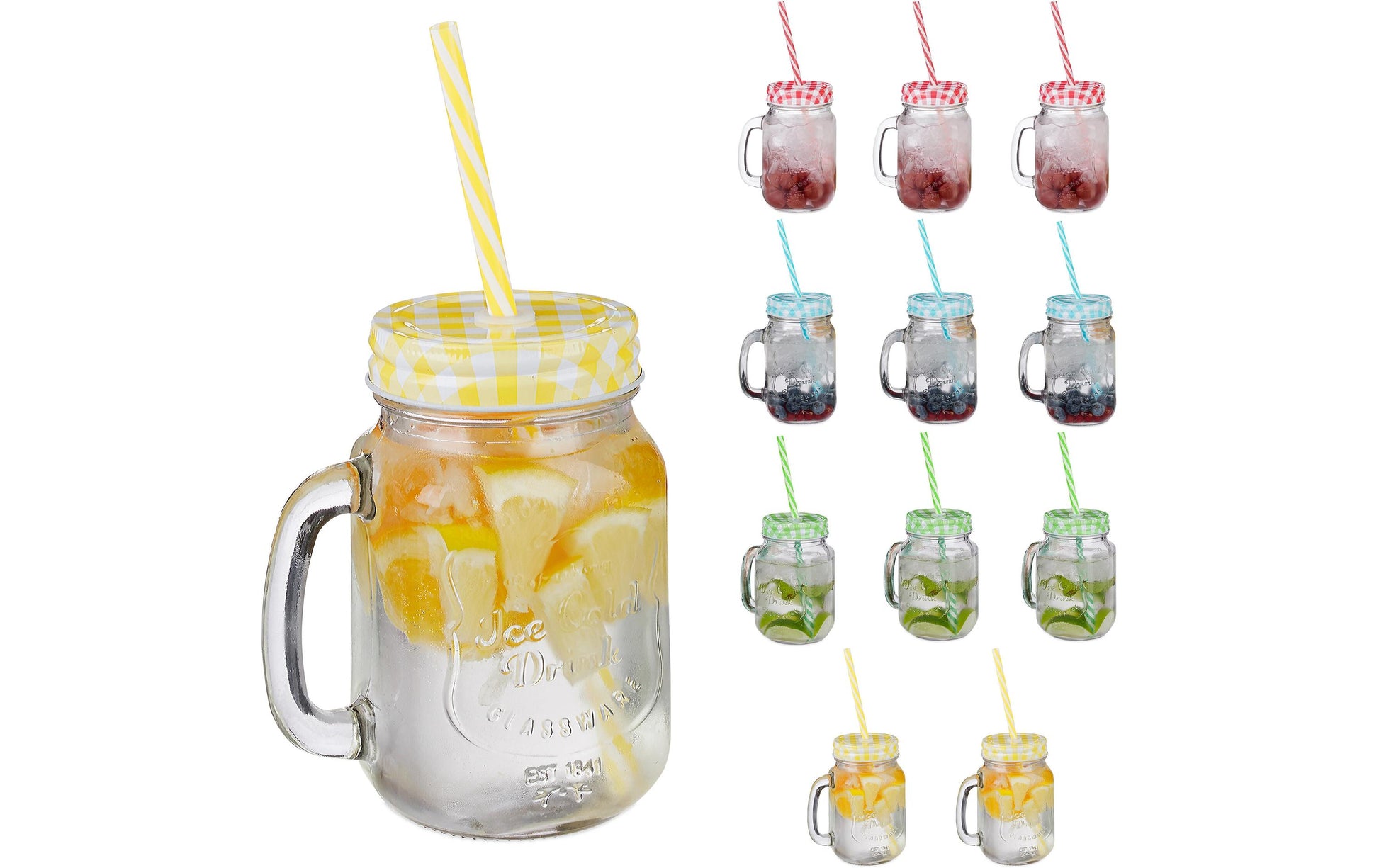 Relaxdays Trinkglas – 12er Set, 500 ml, 11 × 8 × 13,5 cm, Glas, Mehrfarbig, spülmaschinenfest