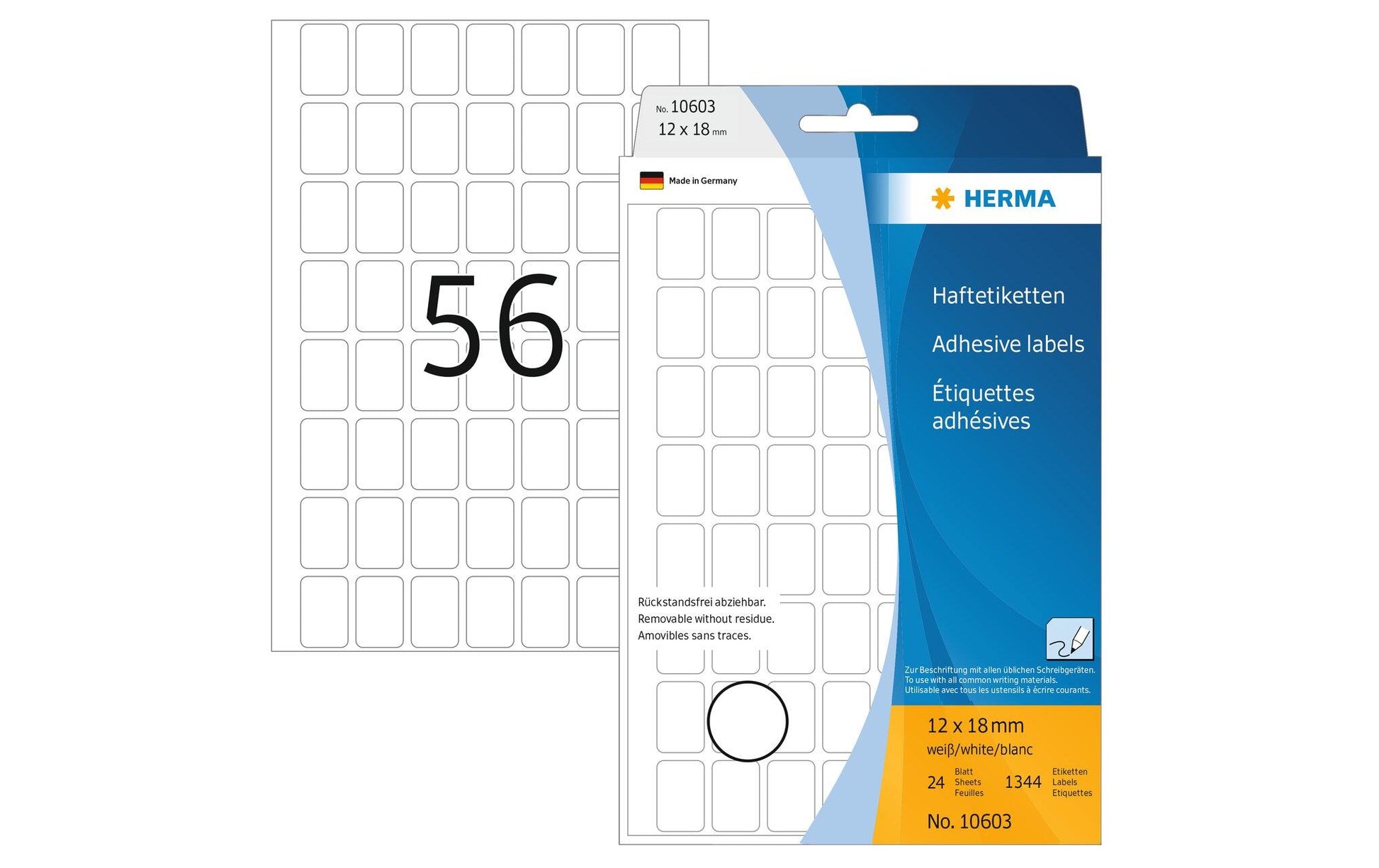 HERMA Haftetiketten – rechteckig 12 × 18 mm, wiederablösbar, weiss, Bogen 111 × 170 mm, 24 Blatt (1'344 Stk.)
