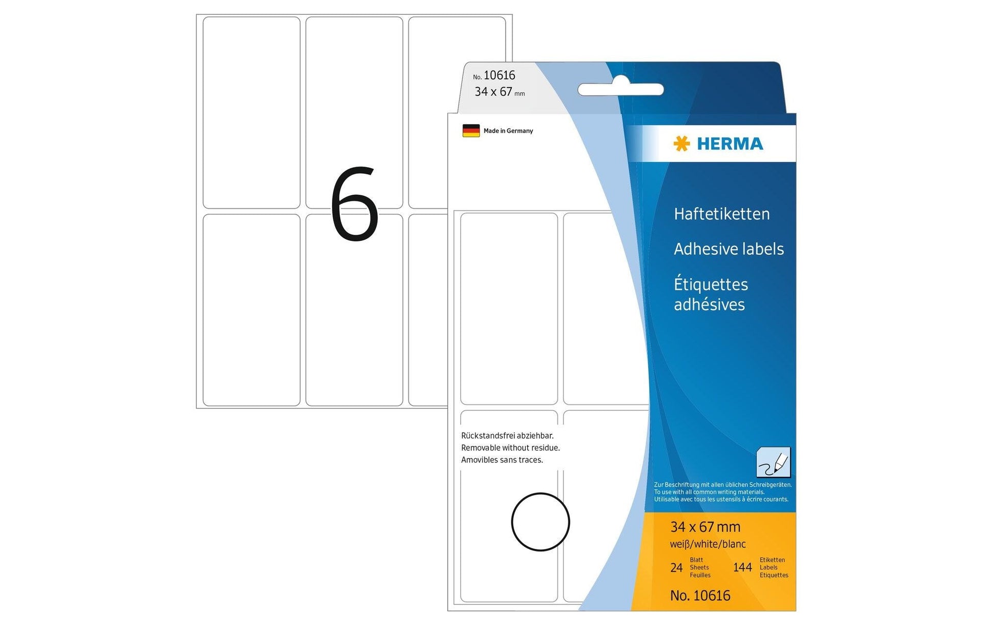 HERMA Schuletiketten – 34×67 mm, Abgerundete Ecken, 144 Stk, 24 Bogen, Papier, Ablösbar
