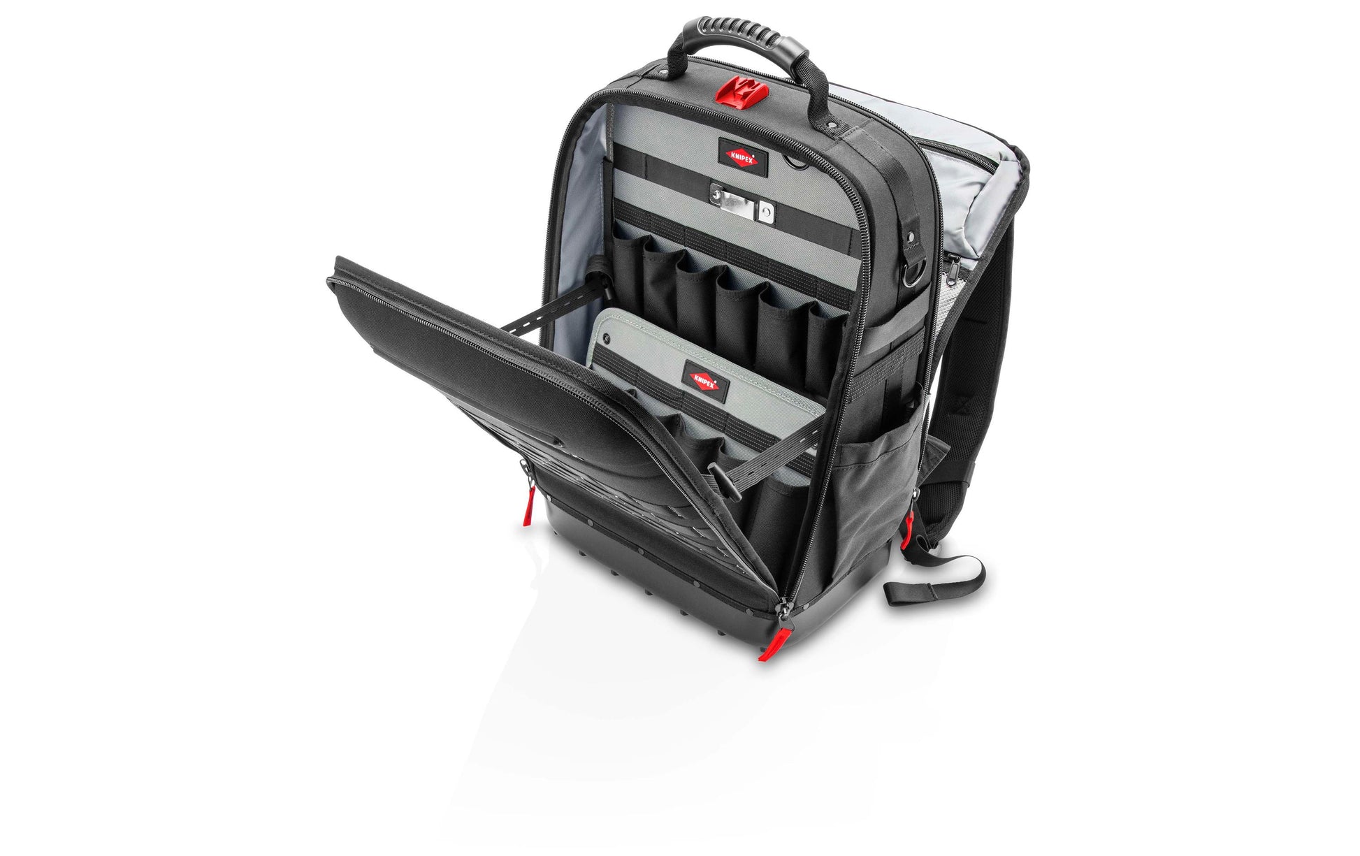 Knipex Modular X18 Werkzeugrucksack – leer, mit Schultergurt, schwarz/rot, B 340 × H 530 × T 210 mm