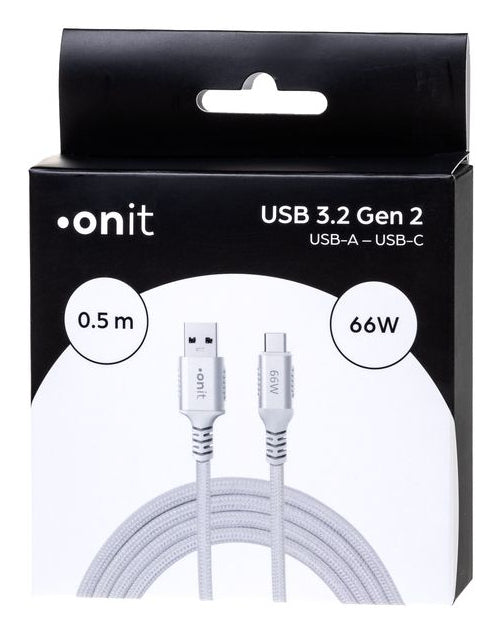 ONIT USB-A auf USB-C Kabel – USB 3.2 Gen 2 (10 Gbit/s) – 0,5 m – PD 66 W – Textilmantel, Verstärkt – Weiss