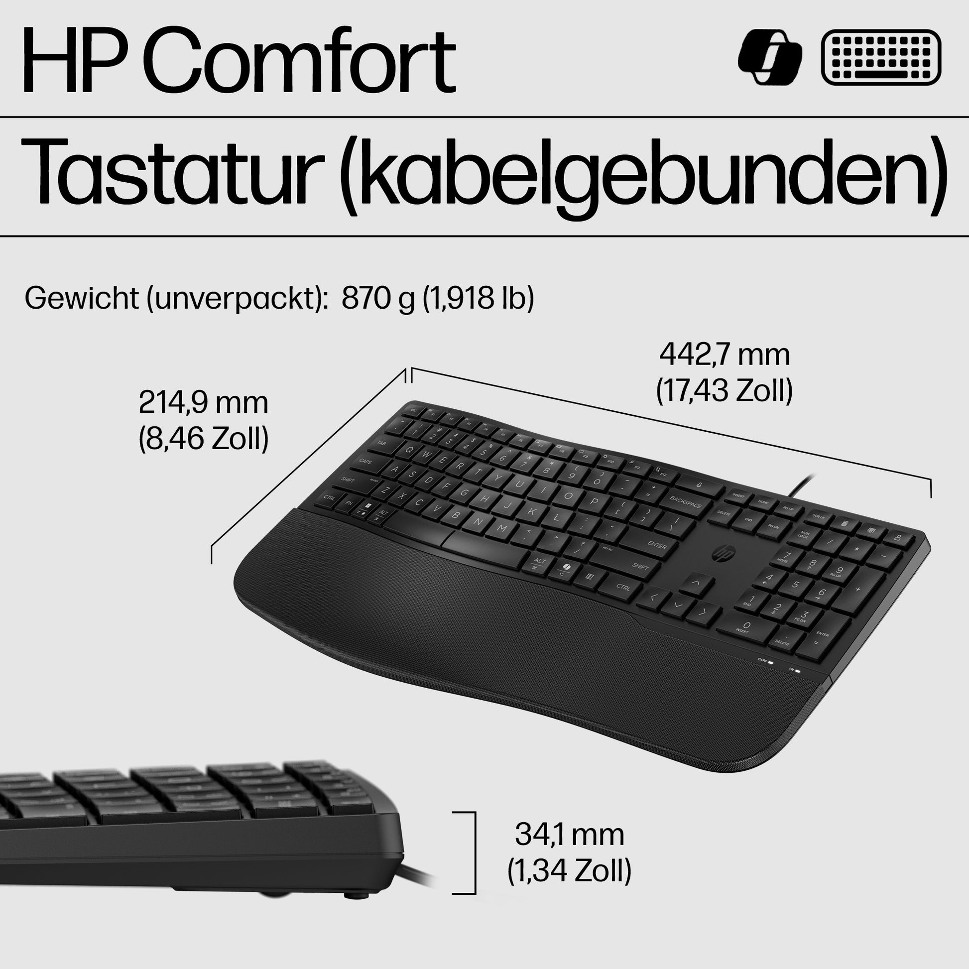 HP 485 Comfort – Tastatur – Membran – kabelgebunden, USB-A – mit Handballenauflage – Schwarz