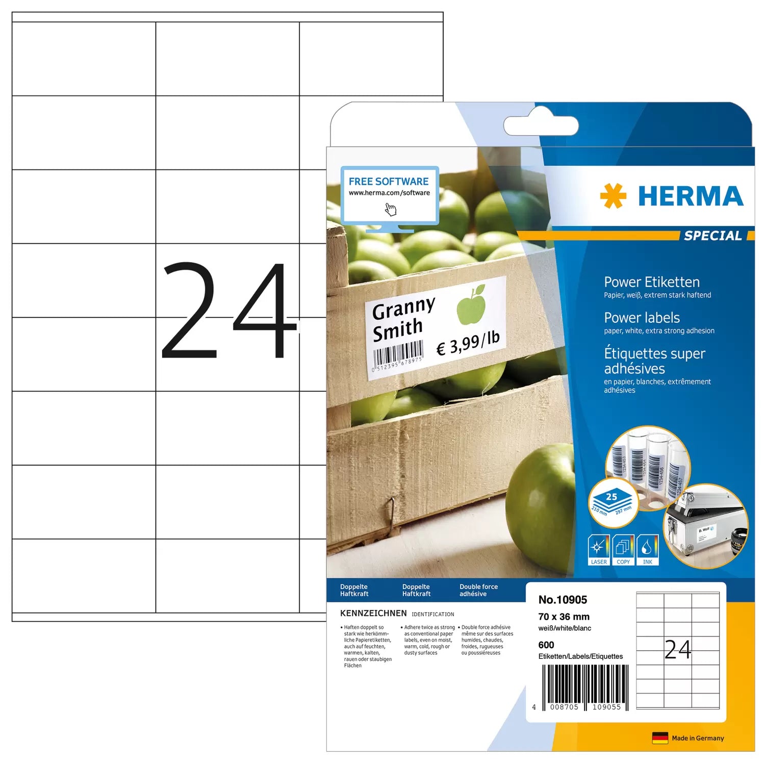 HERMA Druckeretiketten, 70 mm × 36 mm, weiss, Papier, extra stark, 25 Blätter (600 Etiketten)