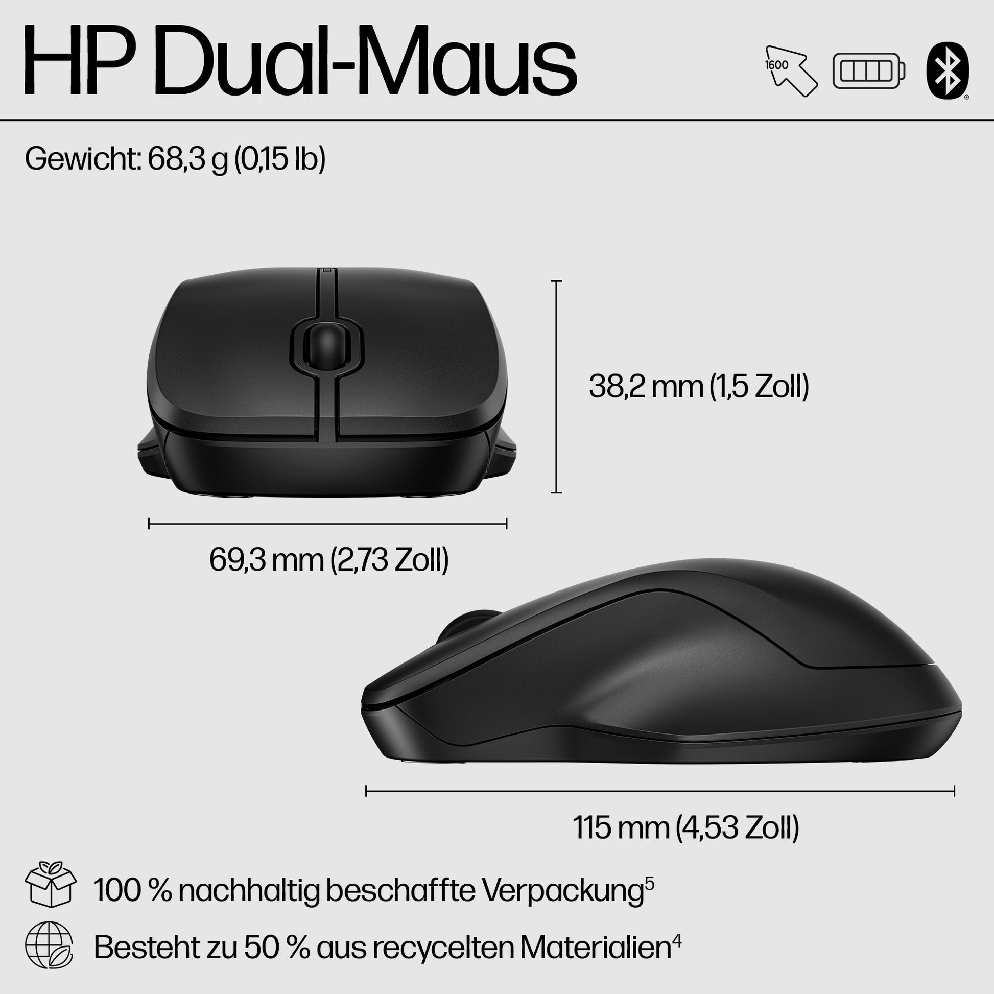 HP 255 – Maus – Kabellos (Bluetooth/2,4 GHz), 1600 DPI, beidhändig, Schwarz
