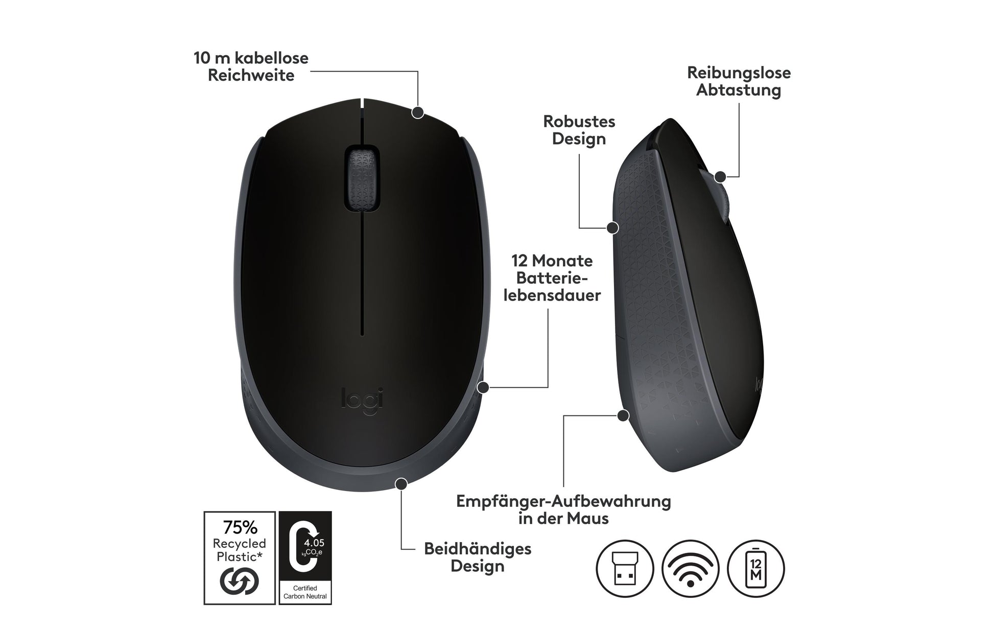 Logitech B170 Maus – kabellos, 2,4 GHz, schwarz