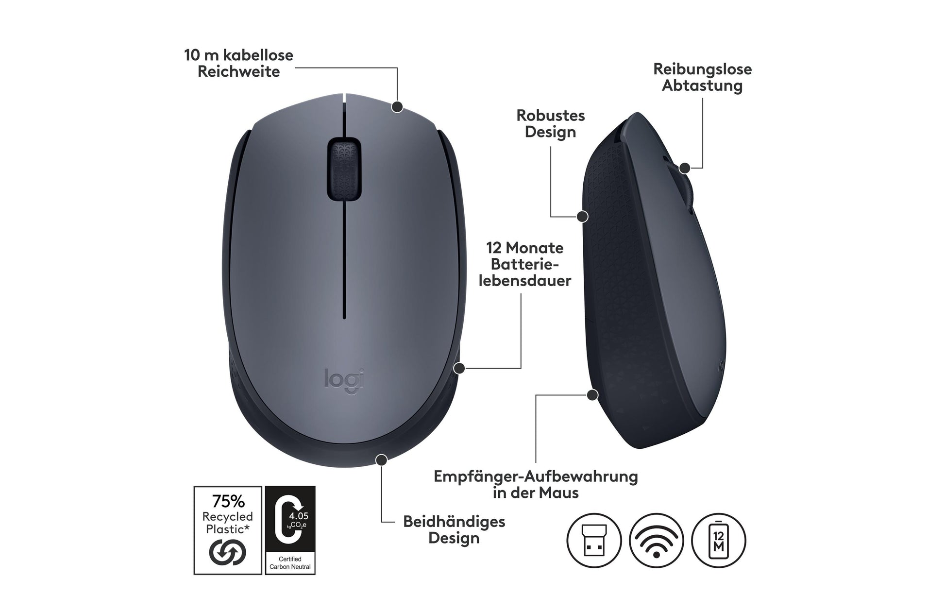 Logitech M170 Maus – kabellos, grau