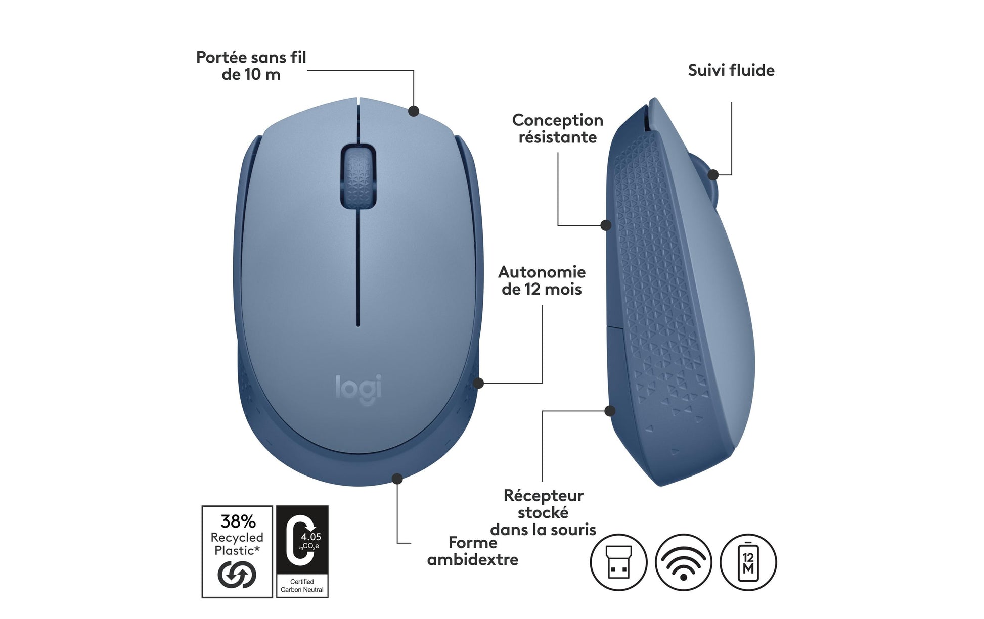 Logitech M171 Maus – Kabellos, Blaugrau