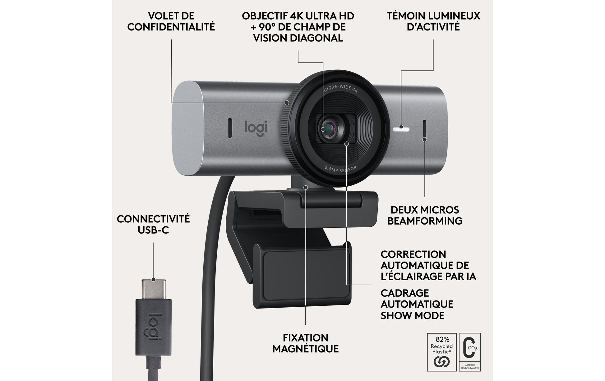 Logitech MX BRIO 705 – Webcam – 4K, Auto-Framing, Silber/Schwarz