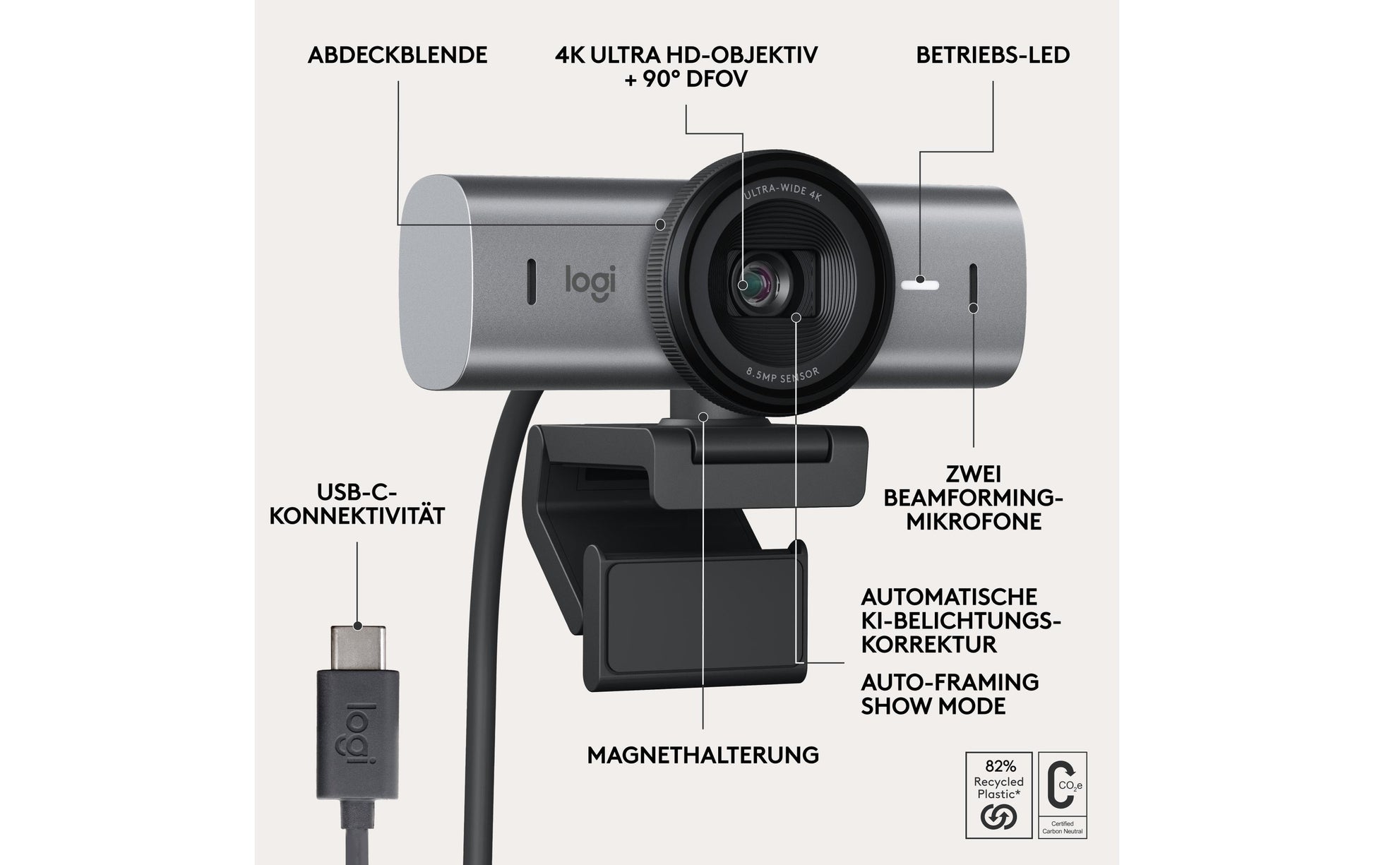 Logitech MX BRIO 705 – Webcam – 4K, Auto-Framing, Silber/Schwarz